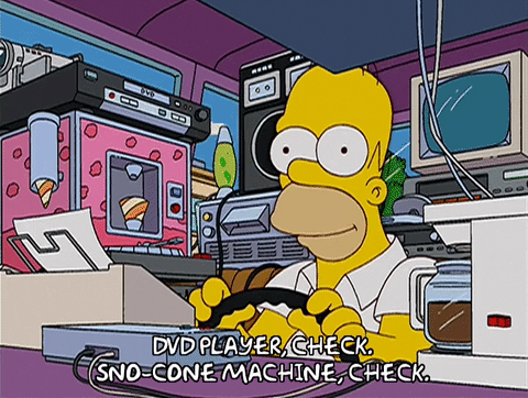 Homer Simpson checking his car essentials.