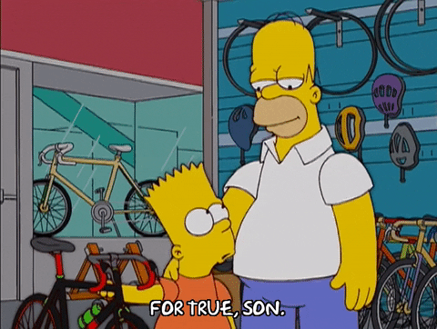 Homer simpson buys bart a new bike at a local bike shop.