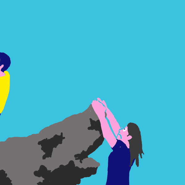 Animated people falling off a cliff, one after the other, while taking a selfie