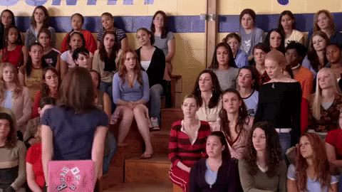 Clip from Mean Girls where everyone raises their hands when asked if anyone has been personally victimised by Regina George.