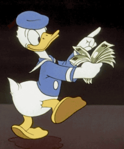 A cartoon character counting a bundle of notes expressing financial freedom. 