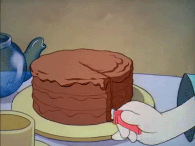 Clip from an animation of a chocolate cake. One slice is cut, and then the rest of the cake is picked up leaving just the one slice on the plate.
