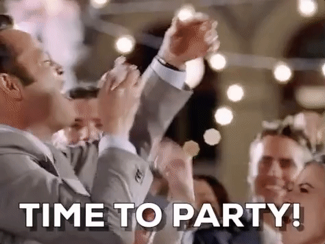 gif of a man eating cake and saying "time to party!"