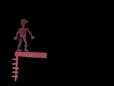 a cutout animation of a character jumping off a diving board