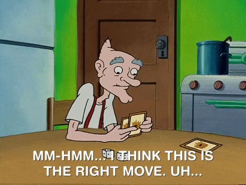 GIF of old man playing cards and saying "I think this is the right move..."