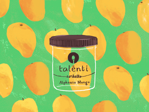 A gif of a painted illustration of an empty Talenti Alphonso Mango Sorbetto container, surrounded by a field of mangoes. One by one, the mangoes flow into the container, before spilling out again.