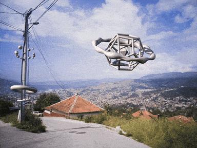 a 3D UFO floating above a suburban landscape