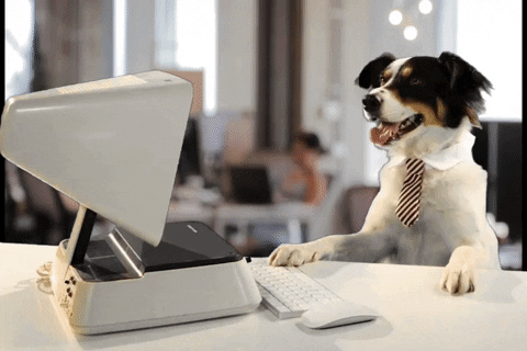 Animated dog wearing a tie and working at the computer