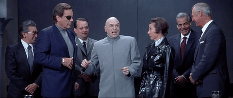 Animated clip from movie Austin Powers of villains laughing villainously.