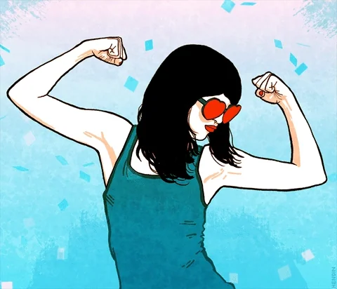 Femme dessinée qui contracte ses biceps avec assurance : la confiance en ses capacités, une qualité pour devenir entrepreneur