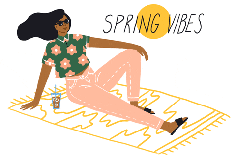Gif drawing of Black girl on blanket with iced coffee enjoying spring