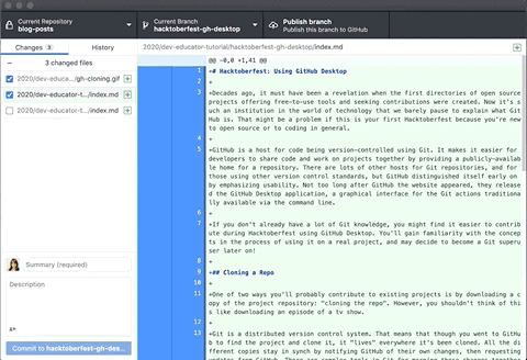 Making a commit in GitHub Desktop