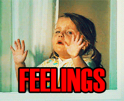 A young girl is wailing with her hands in the air and the word "Feelings" superimposed in red font. 