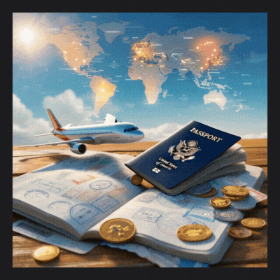 Passport and plane taking off