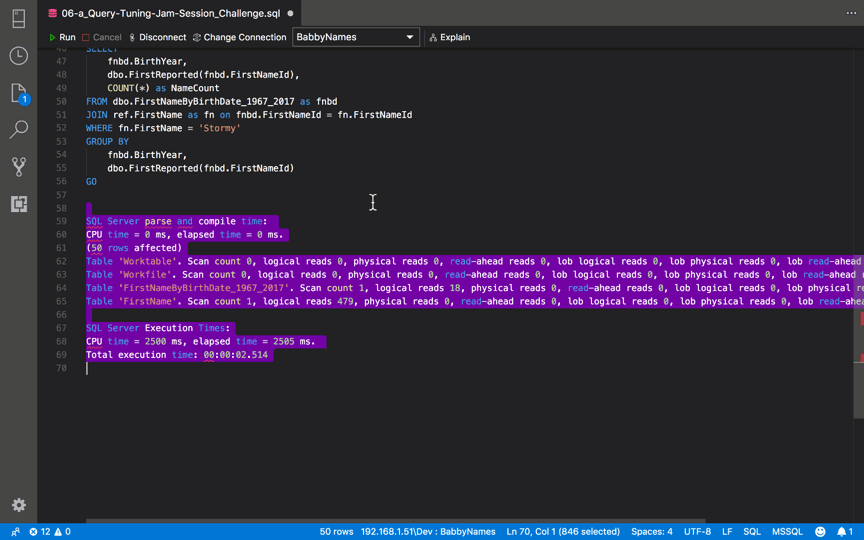 Toggling a block comment in SQL Operations Studio