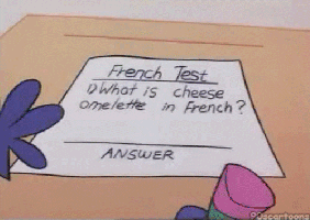 Dexter is completing a French test in a classroom. 