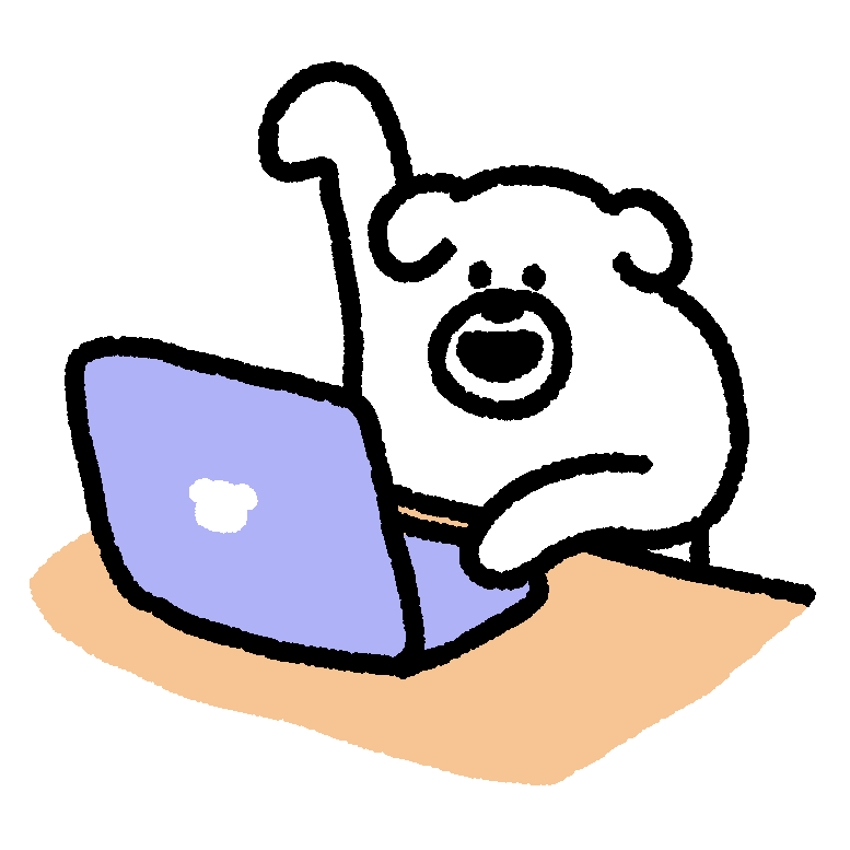 Uma animação com um desenho de um ursinho digitando rapidamente e feliz