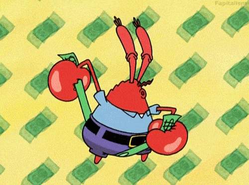 Mr. Krabs from SpongeBob counting stacks of money