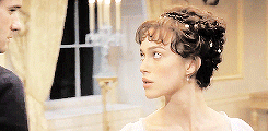 A clip from the 2005 film adaptation of Pride and Prejudice showing Elizabeth Bennett and Mr. Darcy staring at each other at a dance. 