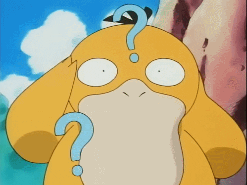 Psyduck, the yellow duck Pokémon, with question marks around his head.