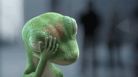 Gif of a cartoon gecko with his head in his hands.