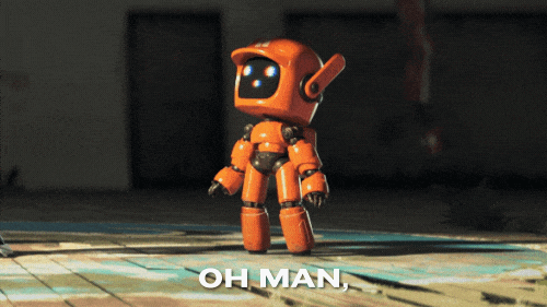 robô da série "love, death + robots" da Netflix muito feliz dizendo "oh cara, isso é tão excitante!" em inglês