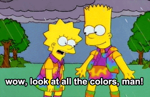 Simpsons Character wearing tie dye clothing Wow Look At All The Colors