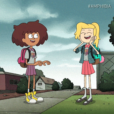 two characters from the show "Amphibia" twirling and high-fiving