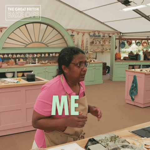 Gif of woman on Great British Bake-off ducking and yelling