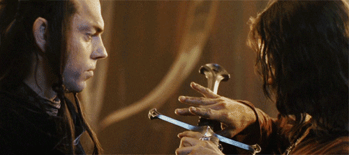 Aragorn draws a sword near Elrond