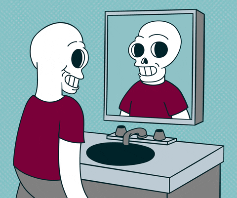 Dessin animé d'un squelette qui s'inspecte le visage dans le miroir de sa salle de bain en faisant des grimaces
